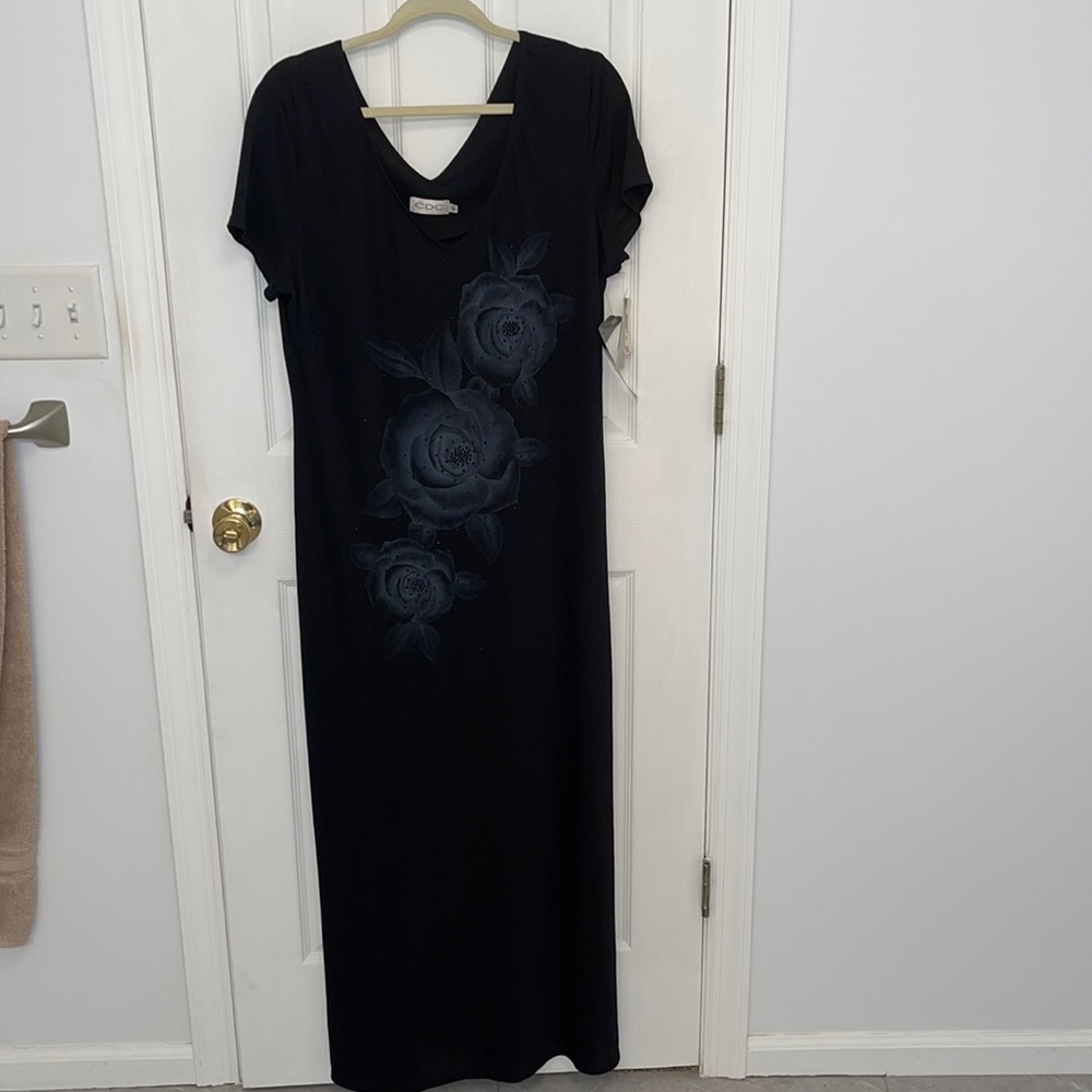 Black silk maxi dress with cap sleeves, roses on front w/beading